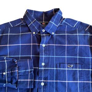Vineyard Vines Slim Fit Tucker Shirt Large Blue Plaid 98% Cotton 2% Lycra Button